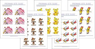 Besplatni PDF listići "Pronađi dvije iste slike" za djecu. 